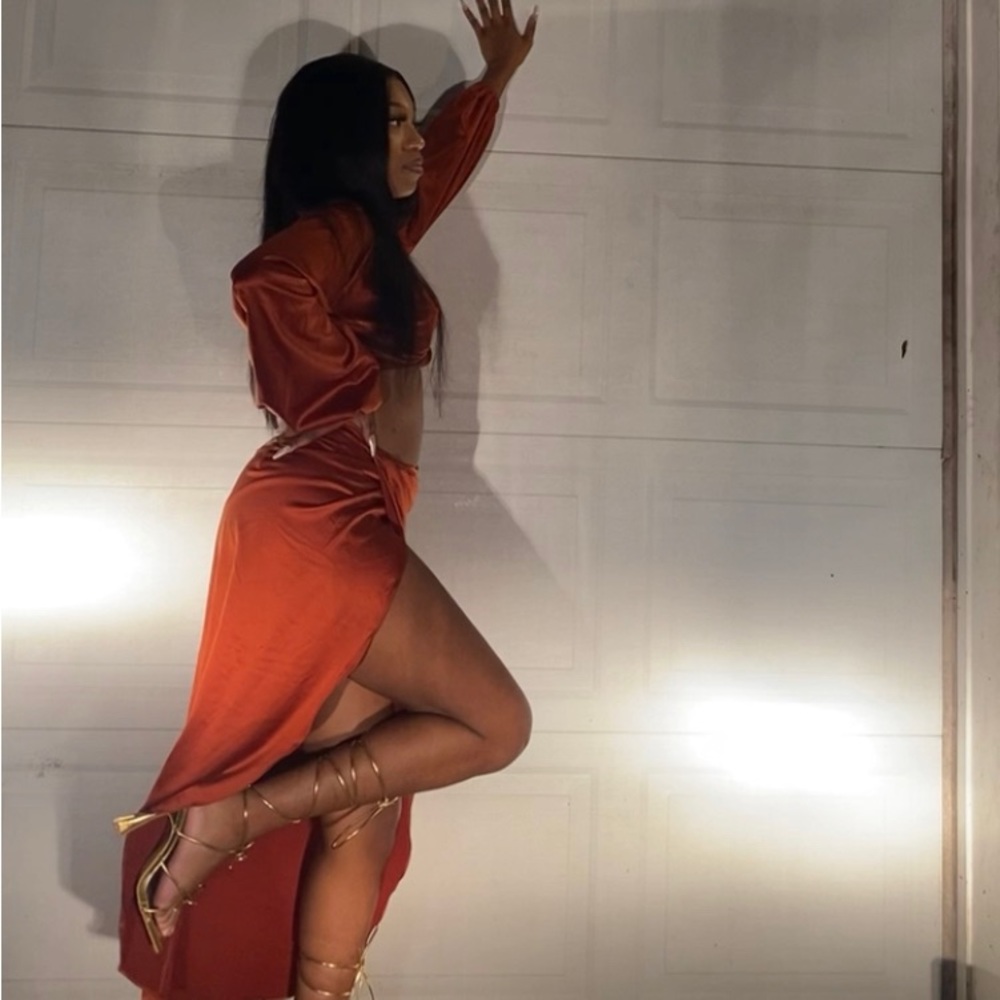 Solid Lantern Sleeve Twist Top & Zipper Back Wrap Skirt Set